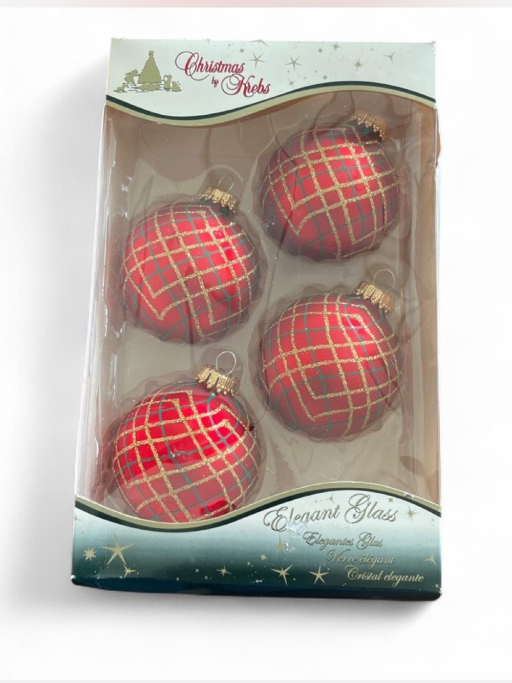 Vintage Christmas by Krebs Set of 4 Red Plaid Glass Christmas Ornaments